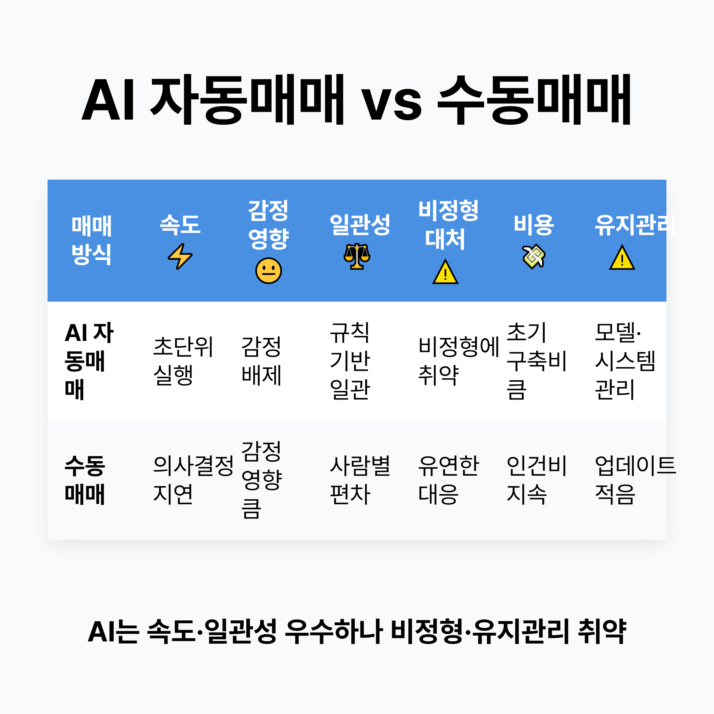 AI 자동매매와 수동매매의 특성 비교표 — 투자 전략 선택에 도움