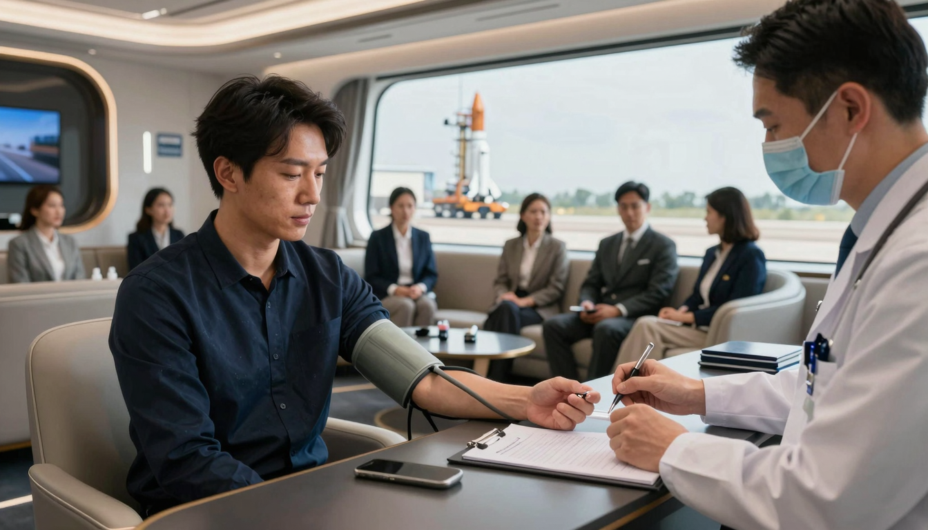 서류 작업을 준비 중인 승객들 — 우주여행 출발 전 필수 절차.