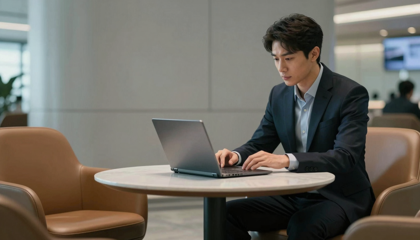 공항 VIP 라운지의 조용한 공간 — 고급스러운 휴식의 상징.